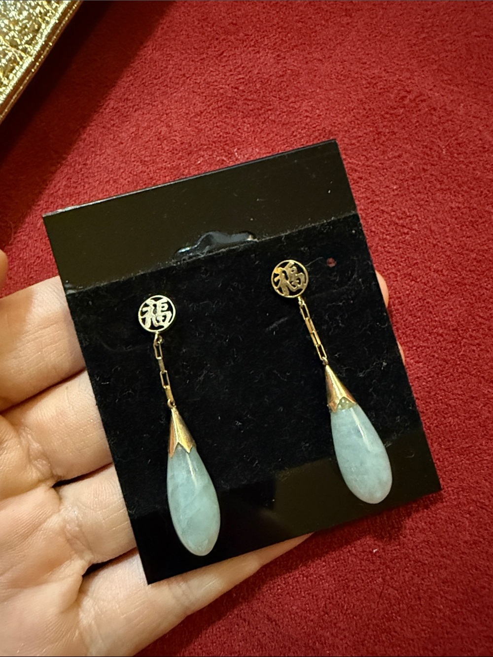 14k yellow gold drop earrings featuring pale teardrop Chinese Character for FU
